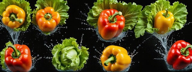 Peppers and fresh lettuce leaves in water drops. Consumption of food and vegetables. Fresh vegetables against a dark background. Fresh vegetables splashing in splashes of clean water, healthy food con