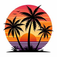 SUNSET WITH PALMS ON WHITE BACKGROUND on white background, Looks clean