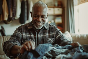 An elderly man smiles contentedly while sewing, showcasing a moment of quiet enjoyment in his home