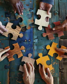 A group of hands connecting puzzle pieces, each piece a different business function, symbolizing integration and cooperation