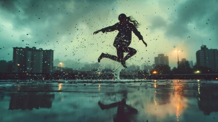 Dynamic silhouette of a person joyfully jumping in the rain with city lights in the background