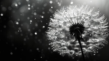 A black and white close-up shot of a dew-covered dandelion against a bokeh background, highlighting its delicate structure.