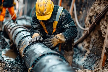 A skilled worker in protective gear meticulously installs pipes amidst muddy construction site conditions