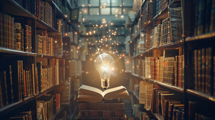A library scene where each book sends a beam of light towards a central lightbulb, depicting the convergence of knowledge and wisdom
