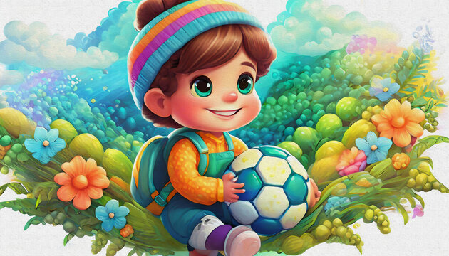 OIL PAINTING STYLE CARTOON CHARACTER CUTE BABY hold soccer ball isolated on white background, top view