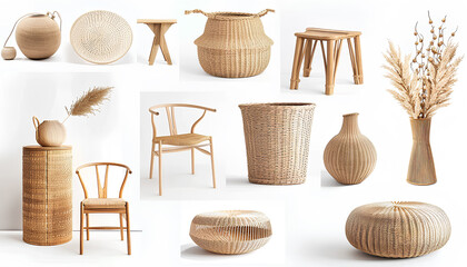 Collage of stylish rattan baskets and furniture on white background