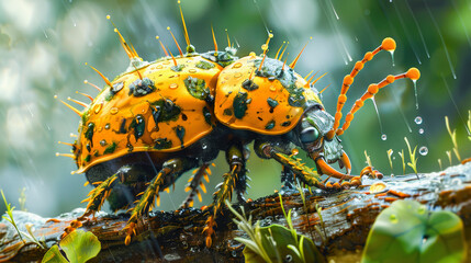A vibrant, orange ladybug covered with water droplets on a twig during a light rain, nature's detail in macro photography.