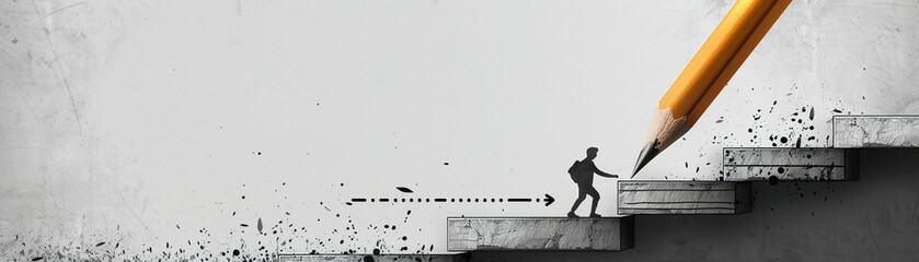 A person climbing stairs sketched by a giant pencil, each step labeled with a milestone, representing the path of progress