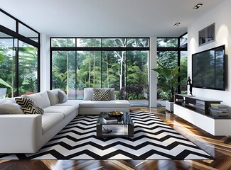A modern living room with a chevron pattern black and white rug