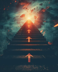 A stairway with arrows as steps, leading upwards to a glowing peak of success, each step an important growth phase - obrazy, fototapety, plakaty