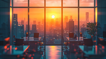 Modern City Panorama from a High-Rise, Urban Landscape at Sunset, Sleek Office Interior with City Views