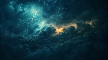 Lightning thunderstorm flash over the night sky. Concept on topic weather, cataclysms hurricane, Typhoon, tornado