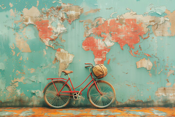 Bicycle, world map on wall, eco and environment concept, sustainable transport and travel, protect nature, bike and earth day  - 787442909