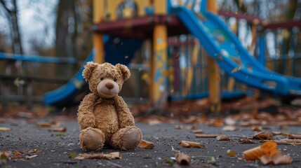 lonely teddy bear abandoned on empty playground symbol of missing children