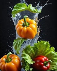 Levitating bell peppers and lettuce leaves in the water. Consumption of food and vegetables. Fresh vegetables on a dark background. Fresh vegetables splashing in splashes of clean water, healthy.