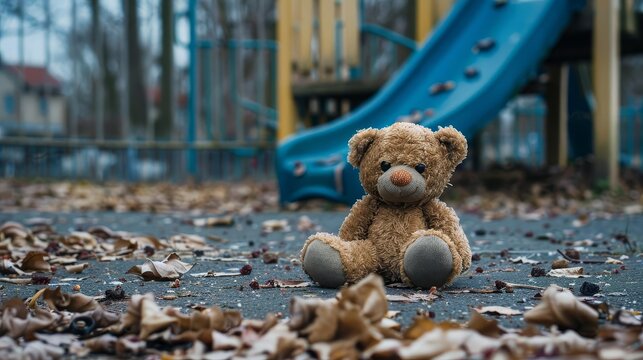 lonely teddy bear abandoned on empty playground symbol of missing children
