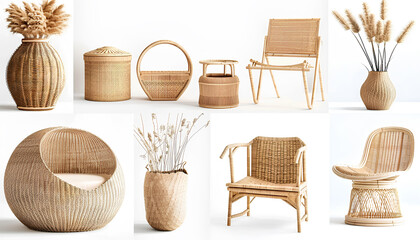 Collage of stylish rattan baskets and furniture on white background - obrazy, fototapety, plakaty