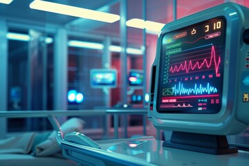 Futuristic healthcare robot monitors vital signs in a high-tech hospital room