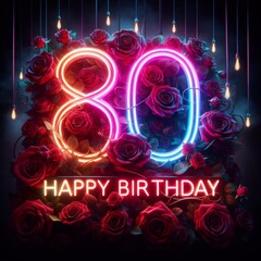 Neon 30th Happy Birthday Sign Amidst Roses