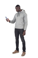  view of a man holding a smartphone on white background - 787443145