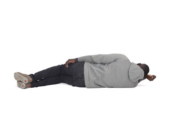 back view oa a man lying on the floor on white background