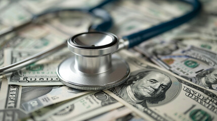 A stethoscope lying on a pile of dollars, highlighting the intersection of healthcare services and financial planning