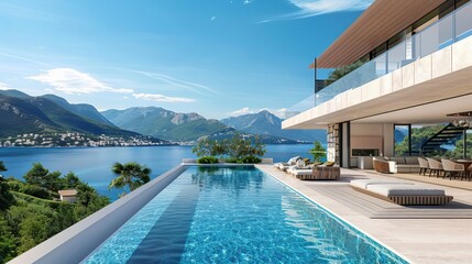 Fototapeta premium luxurious mediterranean villa with infinity pool and sea view summer vacation 3d rendering