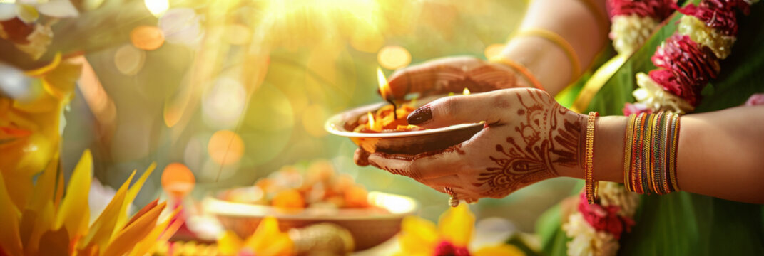Happy people celebrating Ugadi festival, New Year's Day according to the Hindu calendar and is celebrated by Telugus and Kannadigas, banner