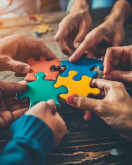 A group of hands connecting puzzle pieces, each piece a different business function, symbolizing integration and cooperation