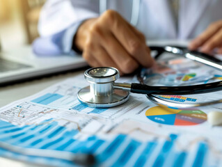 Fototapeta na wymiar A medical professional examining a financial report with a stethoscope, merging the concepts of healthcare and fiscal health