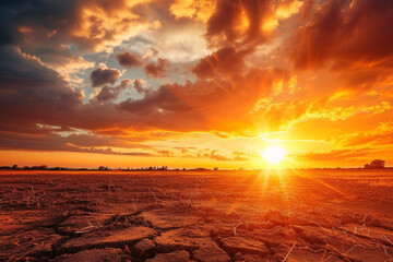 Stormy clouds, sun and rain over dry land