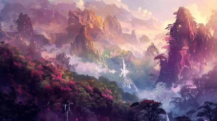 Poster Paysage fantastique majestic fantasy landscape with towering mountains lush forests and ethereal mist digital painting