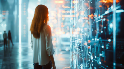 Woman standing in a server room, looking at data storage equipment with futuristic blue lighting, representing modern technology in action.