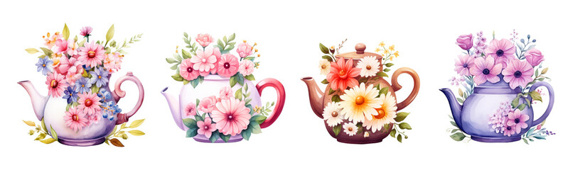Elegant watercolor tea pots with flowers, isolated on white