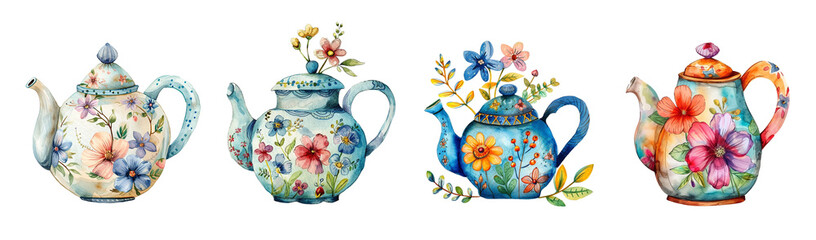 Rustic watercolor tea pots in flowers, isolated on white - 787443527