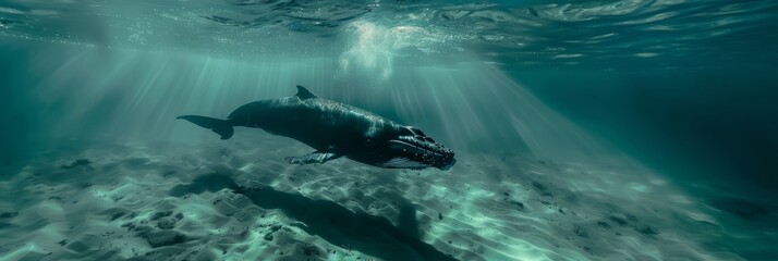 Fototapeta premium A lonely whale surfs the waves of the ocean, a whale swims underwater in the ocean, banner