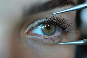 A woman eye is being pierced with a pair of tweezers - obrazy, fototapety, plakaty