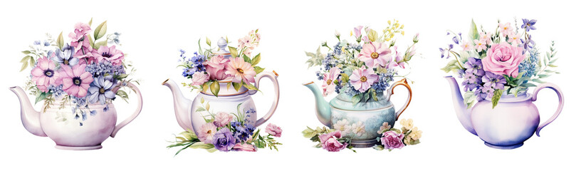Elegant watercolor tea pots with flowers, isolated on white - 787443593