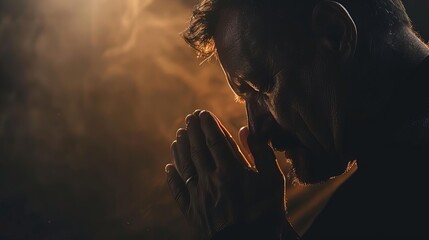 man praying with hands clasped in darkness spiritual devotion and faith - obrazy, fototapety, plakaty