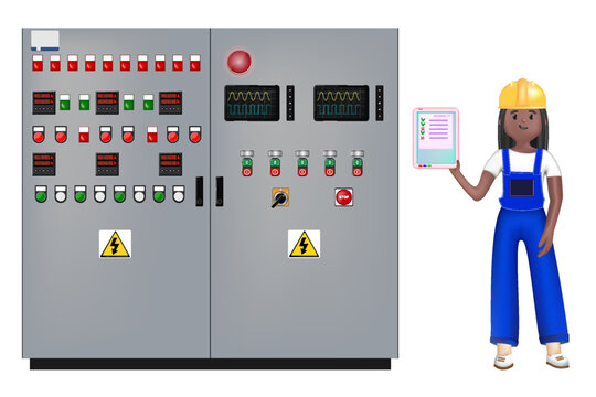 A female electrical engineer holds a clipboard with a contract and stands next to an electrical cabinet. The concept of a contract for service, connection of electricity or hiring a specialist 