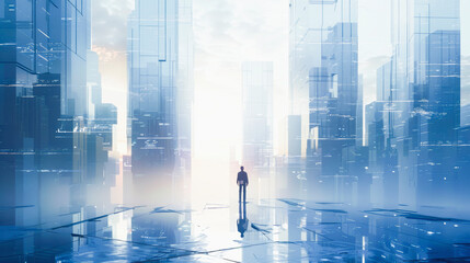 A solitary figure stands amidst a reflective, futuristic cityscape bathed in a soft, ethereal glow with towering skyscrapers.