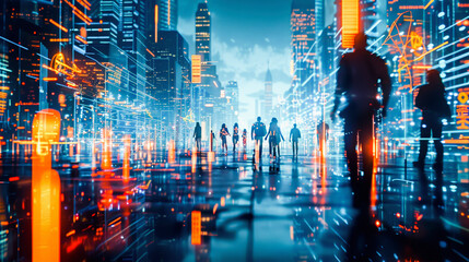 Futuristic cityscape with silhouettes of people walking, overlaid with digital data and network connection lines, depicting a high-tech urban environment, Everyday Business