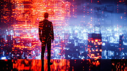 Man silhouetted against a vibrant cyberpunk cityscape at night, reflecting an atmosphere of a high-tech, neon-lit futuristic urban setting, Everyday Business
