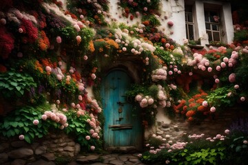 Flowers cascading down a wall, a background that captures the essence of a garden.