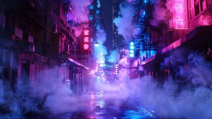 mysterious dark city street with neon lights and smoke night scene 3d illustration