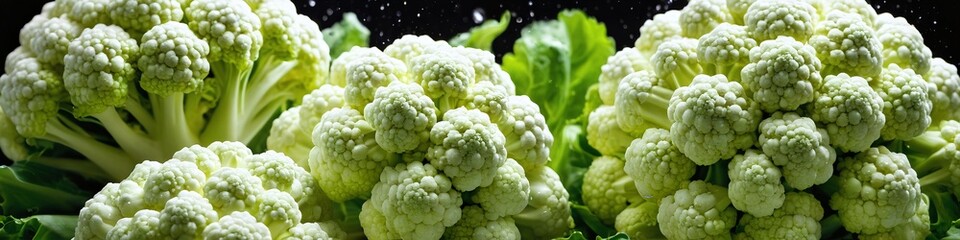 An overhead photo of fresh cauliflower on a dark background, covered with water drops. Detailed...
