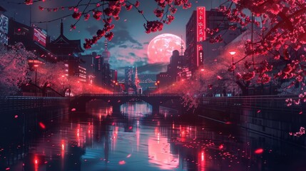 neon noir cityscape with cherry blossoms futuristic japanese anime fantasy digital art