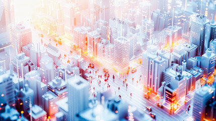 A conceptual image depicting a futuristic cityscape with dense skyscrapers and vibrant light trails symbolizing connectivity and urban development, Everyday Business - obrazy, fototapety, plakaty