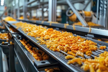 A conveyor belt is filled with yellow pasta. The pasta is being processed in a factory
