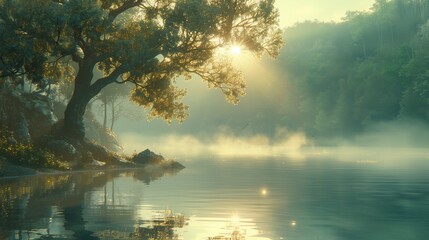 Morning fog on a forest river, tranquil scene. Vorskla river, Ukraine - obrazy, fototapety, plakaty